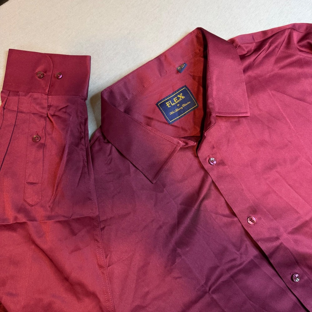 Flex Mens Luxury Collection Burgundy Satin Dress Shirt 2XL Tall Design in Italy